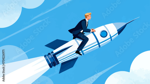A business figure riding an ascending rocket, hand-drawn vector illustration