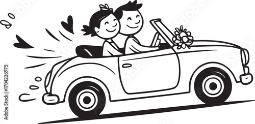 Couple in Cabriolet: A joyful couple, hand in hand, set off in their classic convertible, filled with happiness and anticipation, driving towards a bright future.