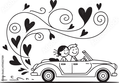 Romantic Getaway Cartoon: a cartoon of a smiling couple rides in a convertible car with hearts.