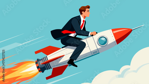 A business figure riding an ascending rocket, hand-drawn vector illustration