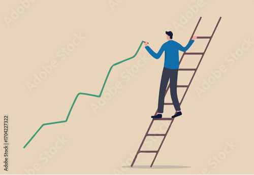 Stock price growth, asset price soaring or rising up, bullish stock market or economic recovery concept, confident businessman trader climbing up ladder to draw green rising up investment line graph. 
