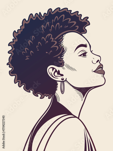 Vector Portrait of African American Black Woman Sideways Pose Curly Afro Hairstyle Avatar
