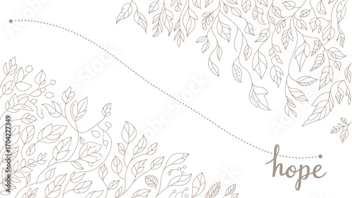 A simple drawing of leaves and branches with the word hope and a dotted line on a white background