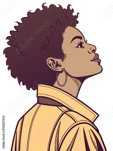 Vector Portrait of African American Black Woman Sideways Pose Curly Afro Hairstyle Avatar
