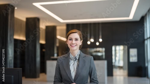 Wallpaper Mural Receptionist's Warm Welcome: A smiling receptionist stands confidently, radiating professionalism in a modern lobby setting, ready to assist and greet with poise. Torontodigital.ca