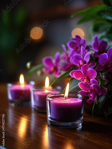 Intimate Candlelit Setting with Purple Flowers
