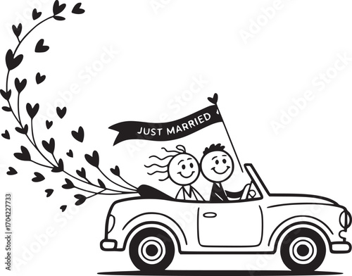 Just Married Car: A whimsical illustration of a newlywed couple joyfully embarking on their new life together in a classic car with hearts and a flag that writes Just Married.