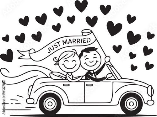 Newlyweds' Joy Ride: Charming cartoon illustration of a just-married couple joyfully cruising in a car, surrounded by a shower of love hearts.