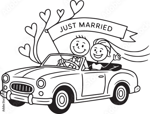 Just Married: A charming illustration captures a newlywed couple joyfully cruising in a vintage convertible, their hearts soaring with love as they embark on their marital journey.