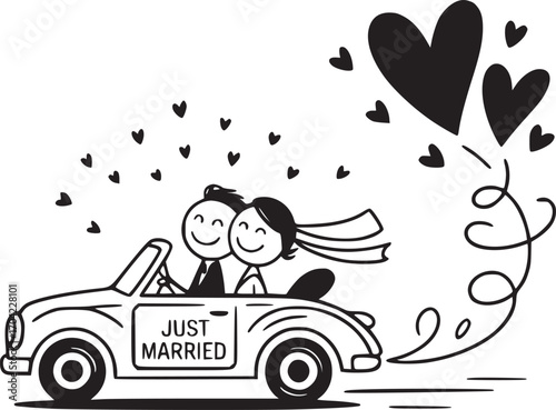 Joyful Wedding Journey: A charming illustration depicts a newly married couple riding off in a classic car, surrounded by hearts and love in the air. A heartwarming scene of blissful start.
