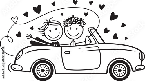 Love on Wheels: A heartwarming illustration captures a newlywed couple, joyfully cruising in a convertible, enveloped by hearts, embarking on their forever journey together.