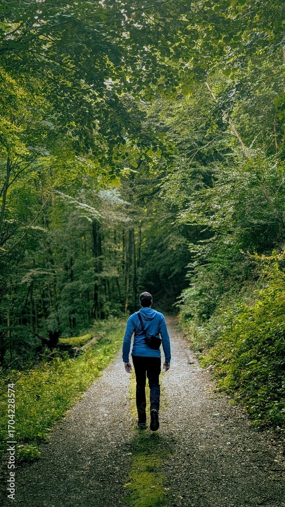 Obraz premium Man Hiking in Misty German Forest in Late Summer Morning