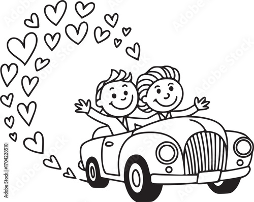 Love's Journey: A charming illustration of a couple joyfully embarking on a road trip, trailed by a whimsical stream of hearts. Capturing the essence of love, adventure, and shared experiences.
