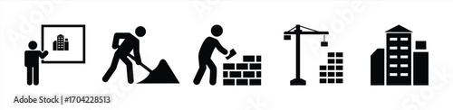 Construction Icon Set – Vector Illustration of Architect Plan, Worker with Shovel, Bricklayer, Tower Crane, and Building Symbol for Architecture, Real Estate, and Engineering Projects