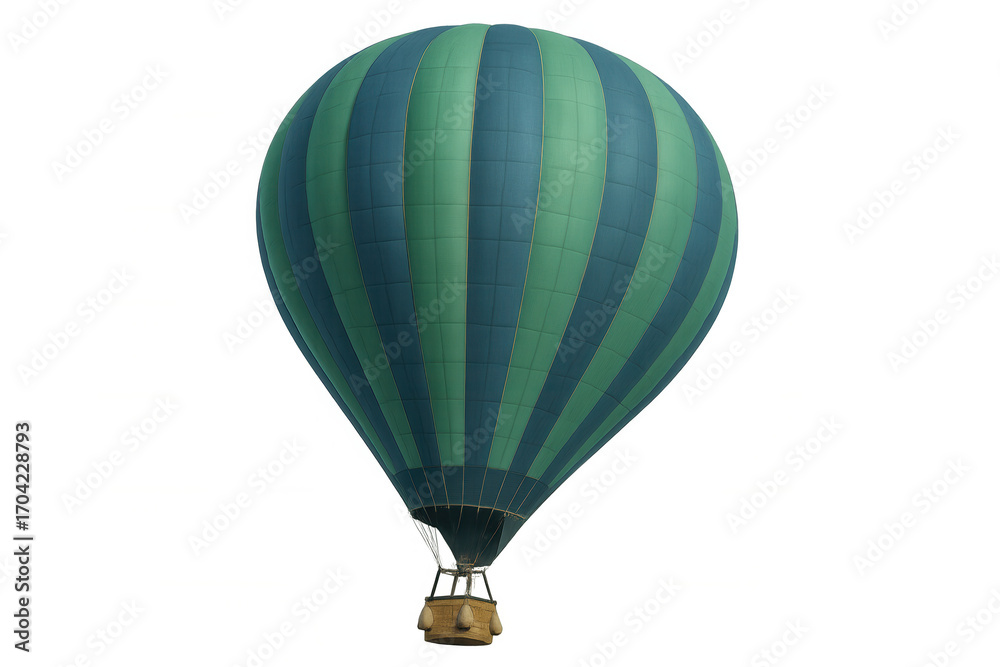 Fototapeta premium Green and blue hot air balloon floating against a transparent background, perfect for travel and adventure designs
