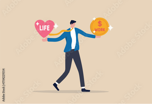 Work life balance, choose between spend your time with family and yourself or hard work to make money concept, confuse businessman with big coin with the word work and life heart shape in other hand. 
