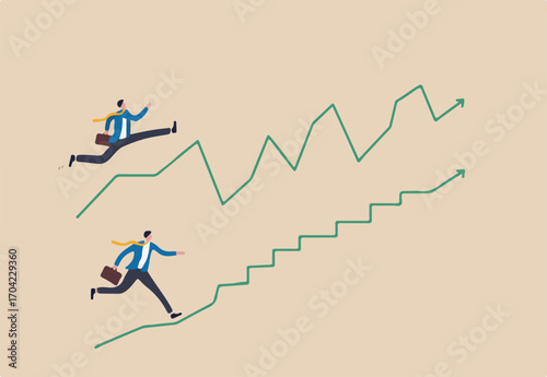 Career path or work successful ladder, investment volatility stairs or business strategy graph concept, businessman walking up stairs graph, one with smooth rising up and other on volatile path. 
