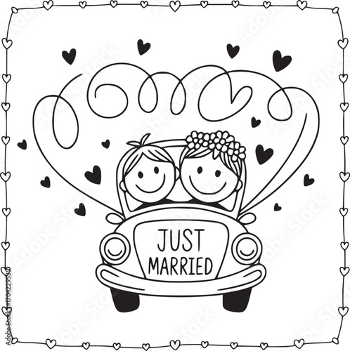 Love Journey Illustration: A joyous wedding scene, complete with a cute car bearing the message Just Married, swirls of love hearts and the newlywed pair embrace their new journey.