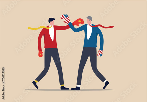 US China trade war, export and import tariff tax or economic cold war and government financial policy between leading country concept, businessmen fighting wearing boxing globe with China and USA flag