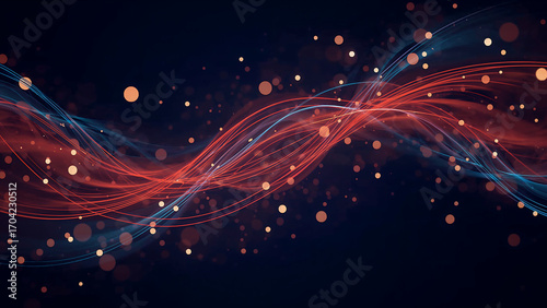 Vibrant abstract art of glowing red and blue light waves weaving through dark space with floating golden particles, creating a dynamic futuristic and cosmic energy effect.