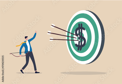 Financial target, bargain value or growth stocks selection investment make profit, reach savings and debt payment goal concept, smart businessman archer hitting dartboard or archery target bullseye