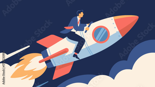 A business figure riding an ascending rocket, hand-drawn vector illustration
