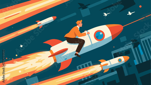 A business figure riding an ascending rocket, hand-drawn vector illustration