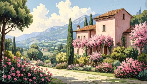 Pink villa, blooming gardens, valley vista