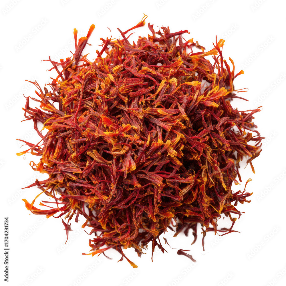 Fototapeta premium Dried saffron spice pieces isolated [Transparent Background PNG].