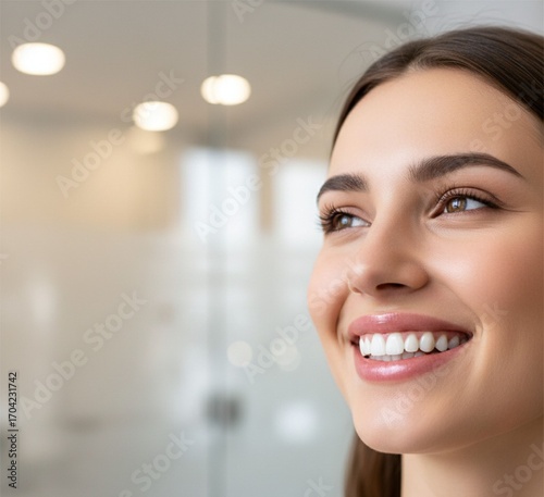 Confident dental model with shining smile for dental ad