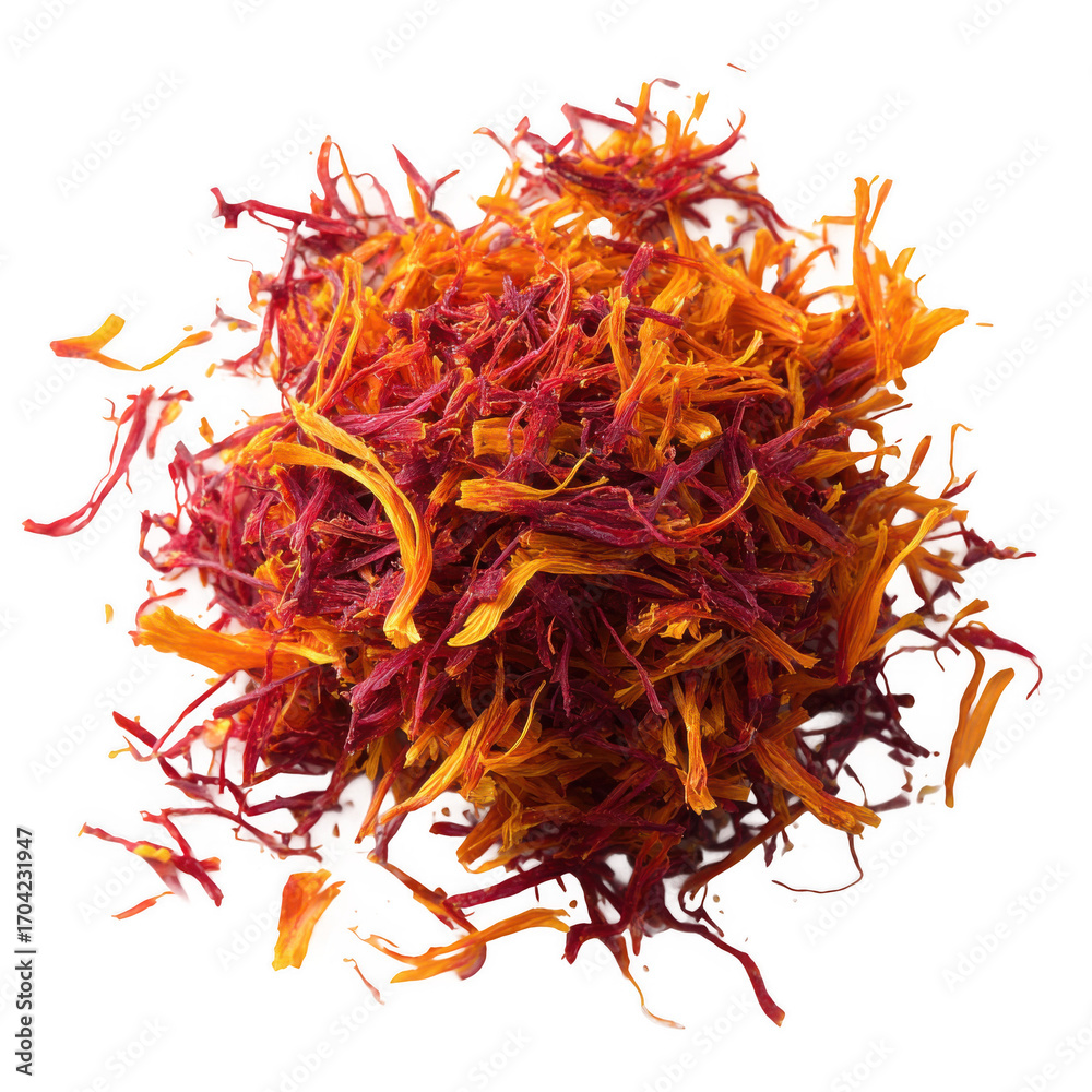 Naklejka premium Dried saffron spice pieces isolated [Transparent Background PNG].