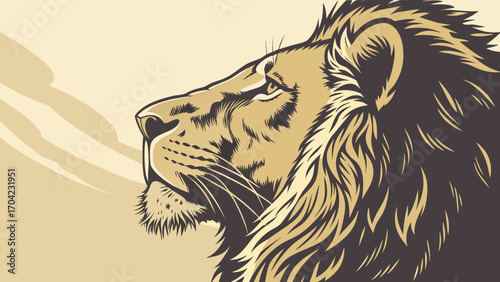Illustration of a golden lion head in profile with detailed mane against a light beige background
