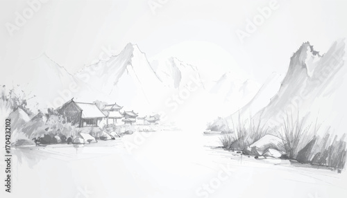 Ancient village with river view. Chinese village beside tranquil water. Landscape of Chinese pagodas and mountains. Traditional architecture along mountain river. Serene Chinese waterway sketch