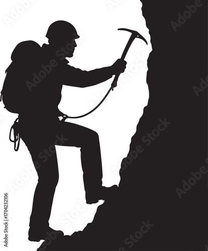 Black silhouette of a climber ascending a rock face with an ice axe