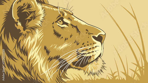 Illustration of a lion's head in profile with golden hues and grass in the background art design