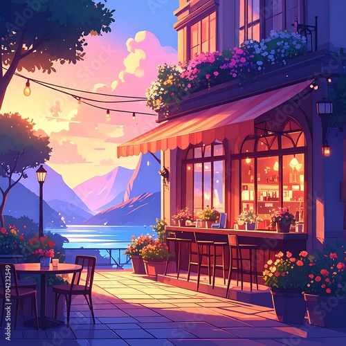 Sunset cafe by a lake, vibrant colors, stylized