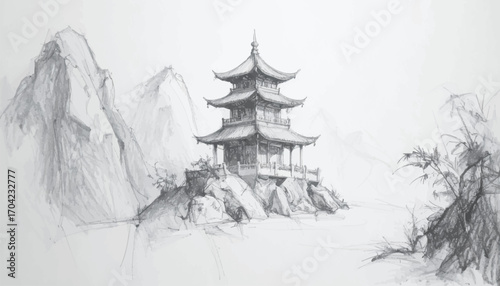 Elegant Eastern Pagoda in Mountain. Tranquil Pagoda amidst Chinese Landscape. Majestic Ancient Pagoda on Rocky Island. Serene Chinese Tower in Remote Landscape. Peaceful Mountain Pagoda in Pencil Art
