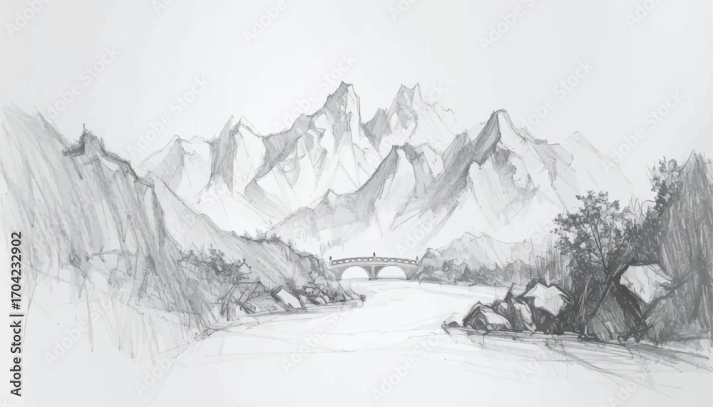 Obraz premium Mountain bridge, river sketch art. Pencil art of river, distant mountains. Serene mountain river with arching bridge. Pencil drawing of river with mountain. Rural river bridge with distant mountains