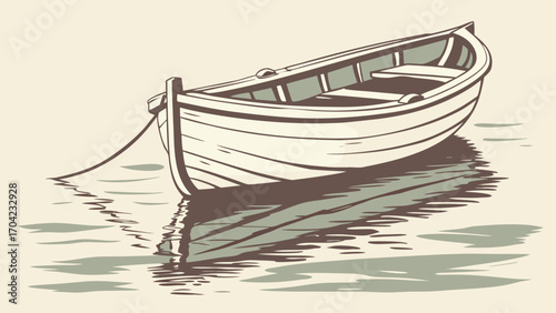 Illustration of a small boat floating on water with reflections and a rope tied to the dock