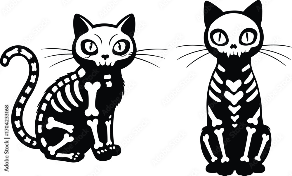 Fototapeta premium Skeleton Black Cat Vector Illustration – Spooky Halloween Animal Design