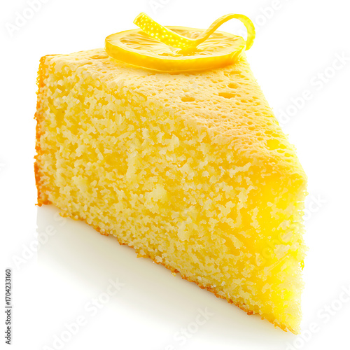 Slice of yellow sponge cake topped with a lemon twist