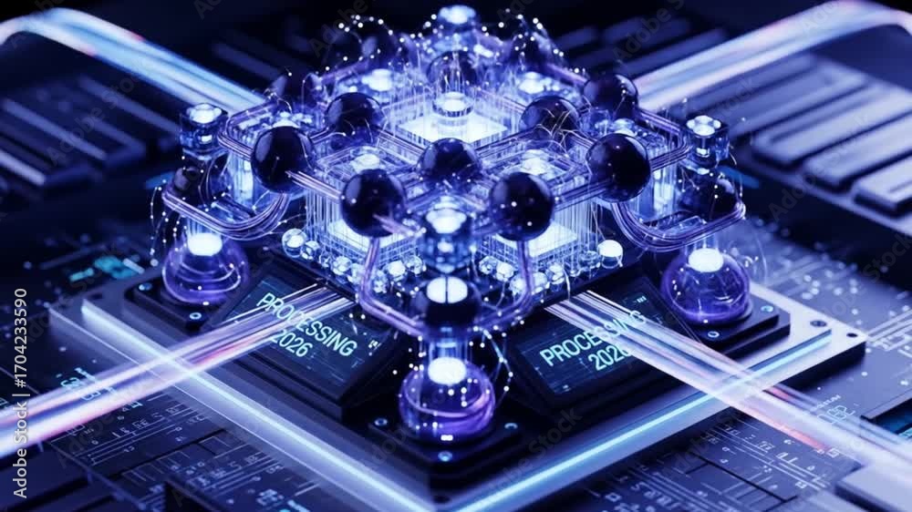 Futuristic Quantum Computer Processor Concept with Glowing Light Trails ...