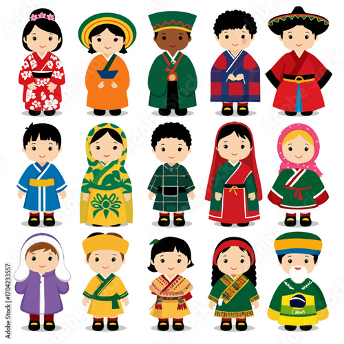 Illustrated children wearing diverse traditional costumes, representing global cultures in colorful, charming chibi characters.
