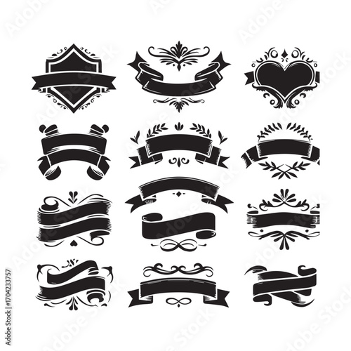 Assortment of 12 Black Hand- Drawn Ribbons and Banners with Decorative Accents and Heart Shapes on a White Background