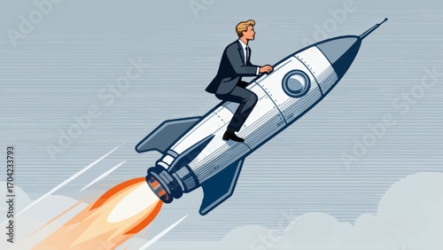 A business figure riding an ascending rocket, hand-drawn vector illustration