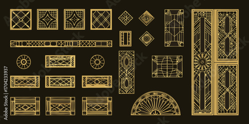 Collection of art deco geometric patterns and decorative elements in gold on a dark background