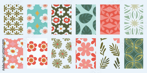 Collection of retro floral and leaf patterns in a variety of colors and styles