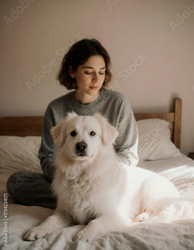 Woman Sitting with Her White Dog on a Cozy Bed