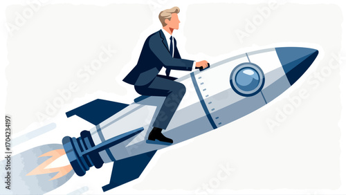 A business figure riding an ascending rocket, hand-drawn vector illustration
