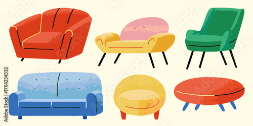 Collection of colorful retro style armchairs and sofas with a modern abstract design